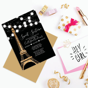 Guld Paris Eiffeltornet Glitterljus Sweet 16 Inbjudningar
