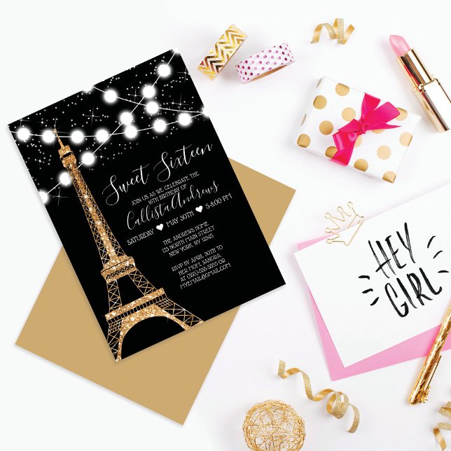 Guld Paris Eiffeltornet Glitterljus Sweet 16 Inbjudningar (Skapare uppladdad)