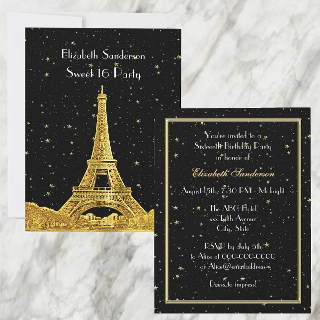 Guld Paris Frankrike Skyline #2 Bk Starry Sweet 16 Inbjudningar (Skapare uppladdad)