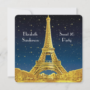 Guld Paris Panorama #2 Blå Stjärnig Sweet 16 SQ Inbjudningar