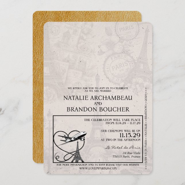 Guld Paris-passet Bröllop Inbjudningar (Fram/baksida)