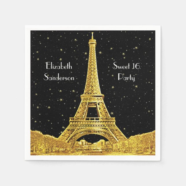 Guld Paris Skyline #2 Black Starry Sweet 16 SQ Pappersservett (Framsidan)