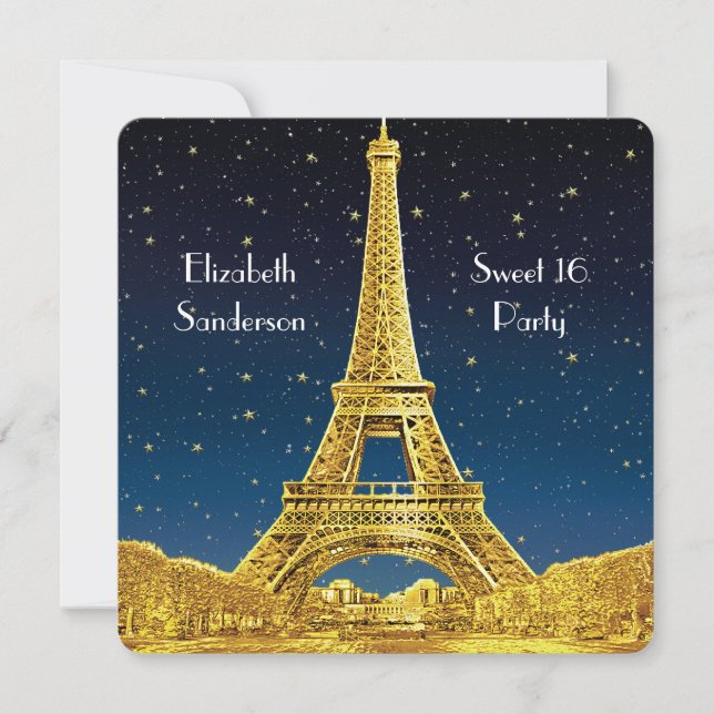 Guld Paris Skyline #2 Blue Starry Sweet 16 SQ Inbjudningar (Framsida)