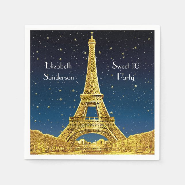 Guld Paris Skyline #2 Blue Starry Sweet 16 SQ Pappersservett (Framsidan)