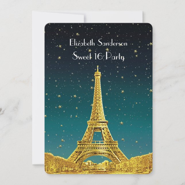 Guld Paris Skyline #2 Teal Starry Sweet 16 V Inbjudningar (Framsida)