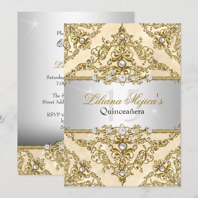Guld Pärl Damask Quinceanera Inbjudan (Fram/baksida)