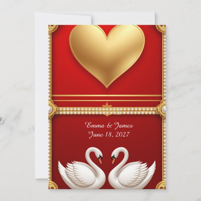 🦢 Guld Pärl Svan Bröllop Med Blommig Ram 💍 Inbjudningar (Framsida)