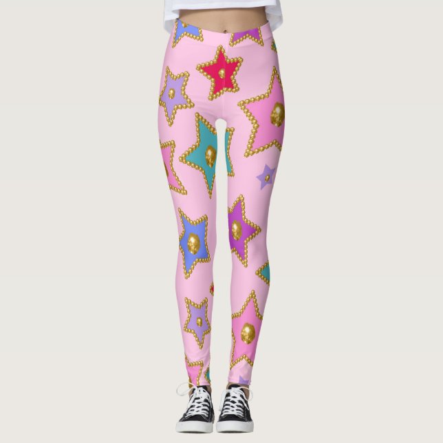 Guld Pärlor Embelized Färg Stars på Rosa Leggings (Framsida)