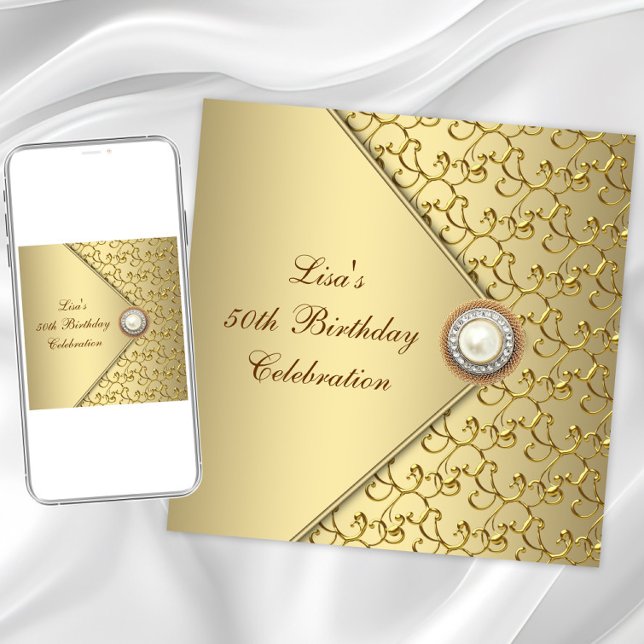 Guld Pärlor Kvinnas 50-årsfirande Inbjudningar (Elegant gold birthday and any event invitation. Instant download and printed invitations available.)