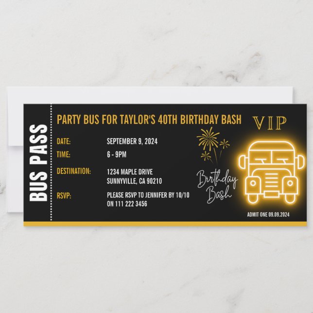 Guld Party Buss-passet Biljett VIP-milstolpe födel Inbjudningar (Framsida)