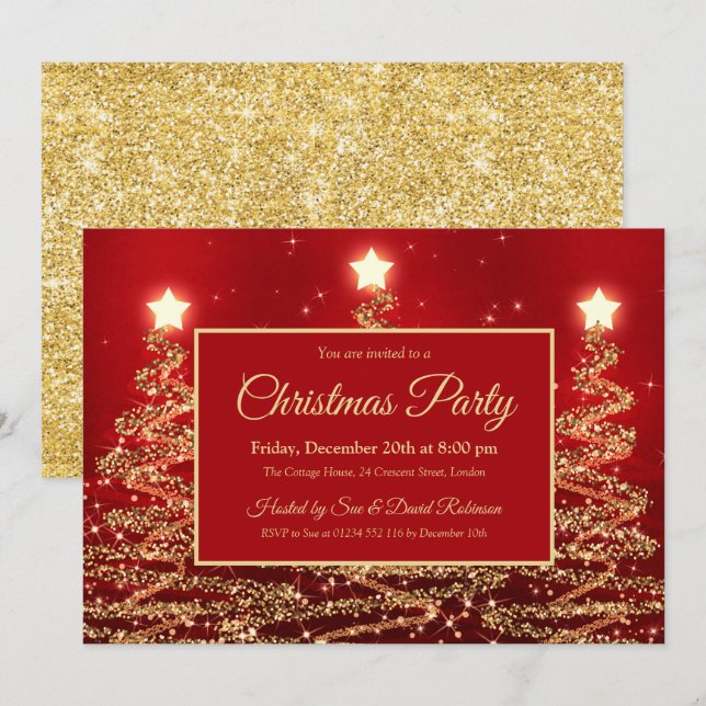 Guld, Party, Gnistra Glitter, Träd Red Inbjudningar (Fram/baksida)