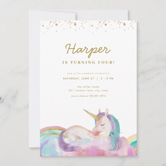 Guld Pastel Magic Unicorn Birthday-inbjudan Inbjudningar (Framsida)