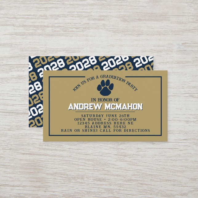 Guld Pawprint Mini Studenten Inbjudan (Navy Blue & Gold Pawprint Mini Graduation Invites for Friends, Team Mates or as Inserts!)