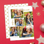 Guld Peace Joy Kärlek 5 Photo Collage jul Julkort<br><div class="desc">Den här snyggten har fem fotokollage julkort med modern typografisk läsning,  PEACE,  JOY och KÄRLEK i Faux guld-folie. Kortets baksida innehåller en passande faux foil Julgranar mönster över anpassningsbar färg (visas i vitt).</div>