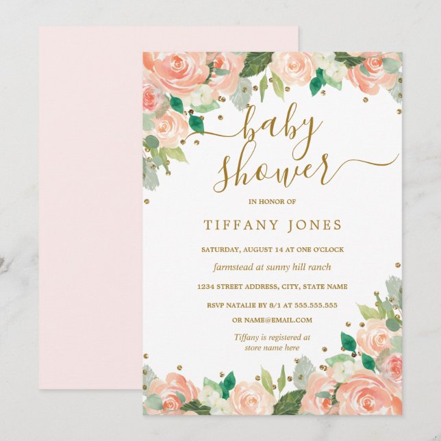 Guld Peach Blommigt Watercolor Baby Shower Inbjudningar (Fram/baksida)