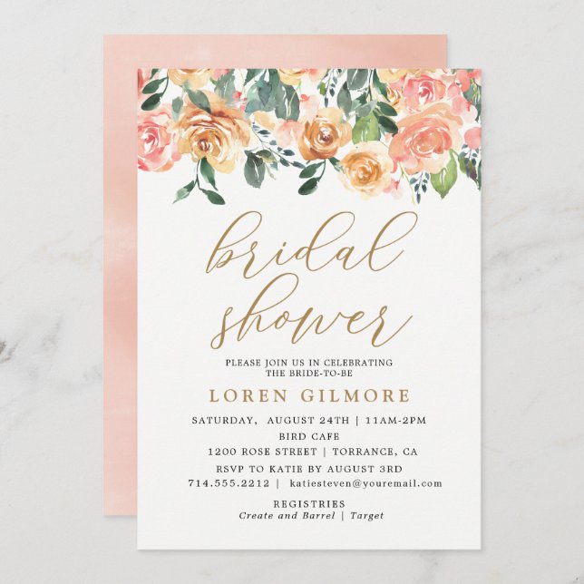 Guld Peach-Blommigten Inbjudningskort för möhippan (Fram/baksida)