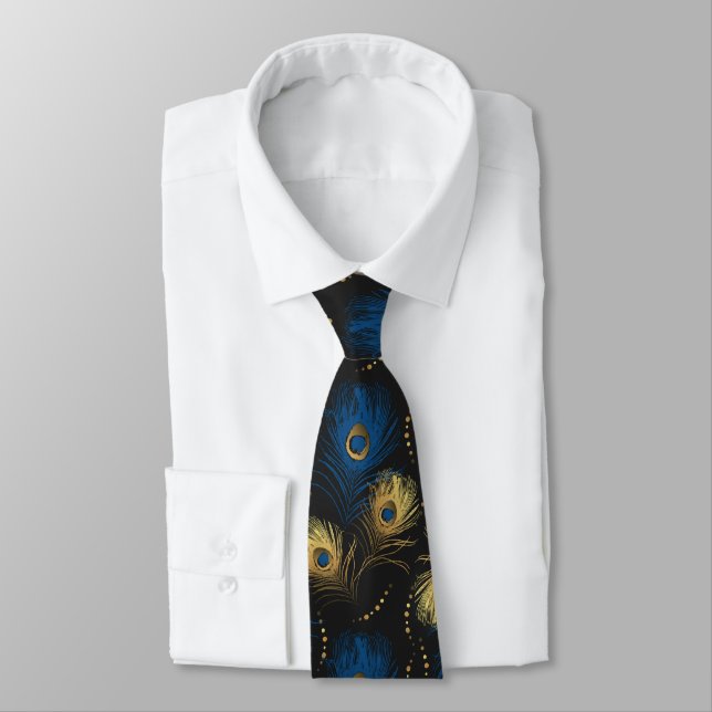 Guld Peacock Feather Black Blue Manar Necktie Slips (Bunden)