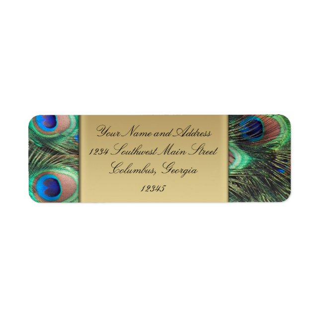 Guld Peacock Feather Elegant Address Label Returadress Etikett (Framsidan)