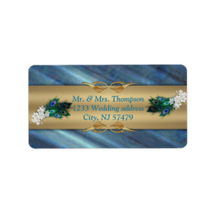 Guld, Peacock Feathers on Emerald Grönt Silke Adressetikett