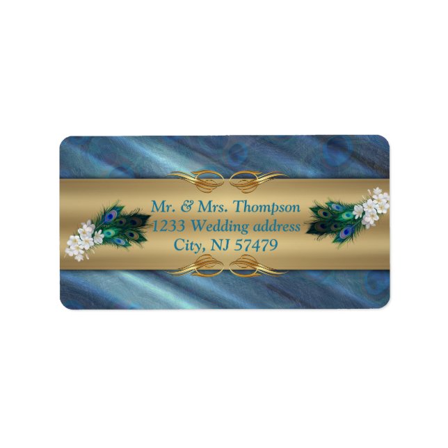 Guld, Peacock Feathers on Emerald Grönt Silke Adressetikett (Framsidan)