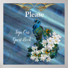 Guld, Peacock Feathers on Emerald Grönt Silke Poster