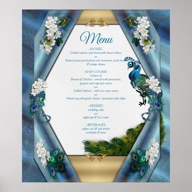 Guld, Peacock Feathers on Emerald Grönt Silke Poster (Framsidan)