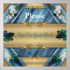 Guld, Peacock Feathers on Emerald Grönt Silke Poster