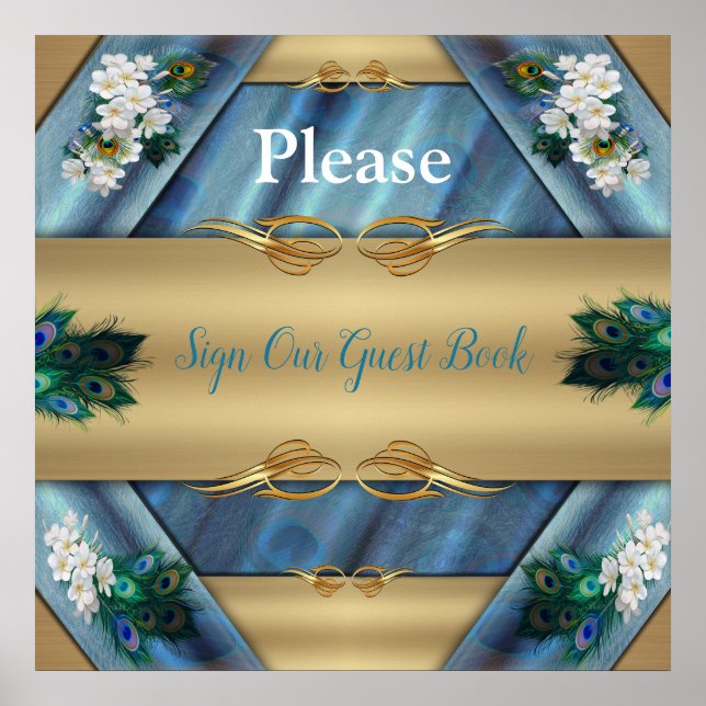 Guld, Peacock Feathers on Emerald Grönt Silke Poster (Framsidan)