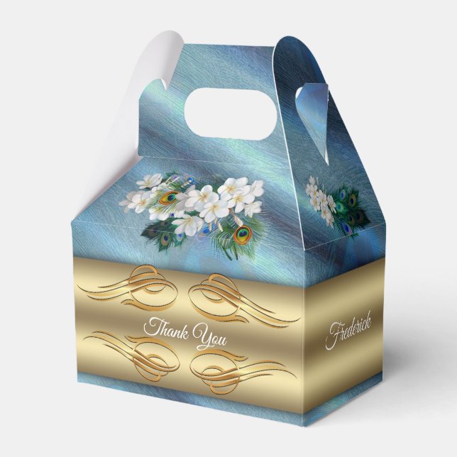 Guld, Peacock Feathers on Emerald Grönt Silke Presentaskar (Framsidan Sidan)