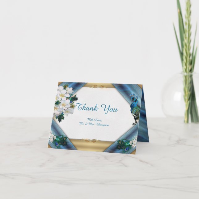 Guld, Peacock Feathers on Emerald Grönt Silke Tack Kort (Framsida)