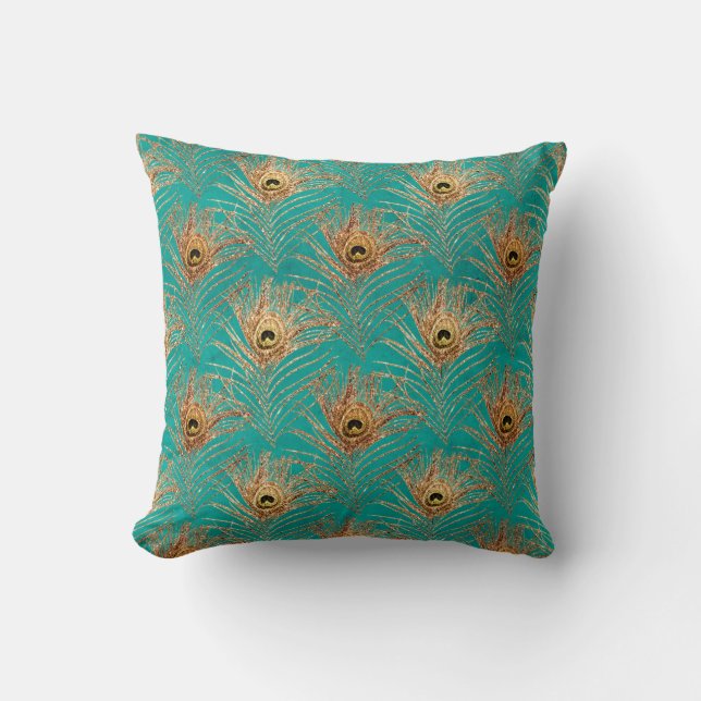 Guld Peacock Feathers på Aqua Kudde (Framsida)