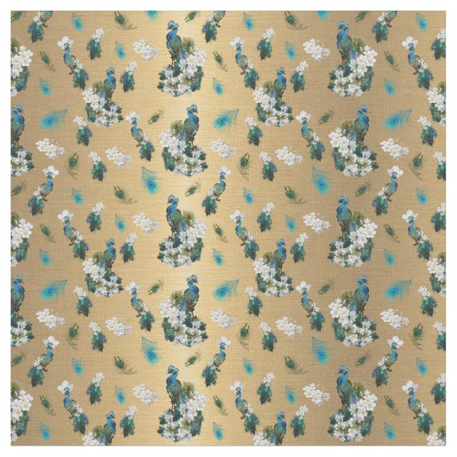 Guld - Peacock Feathers som kör utskrift Tyg (Närbild)