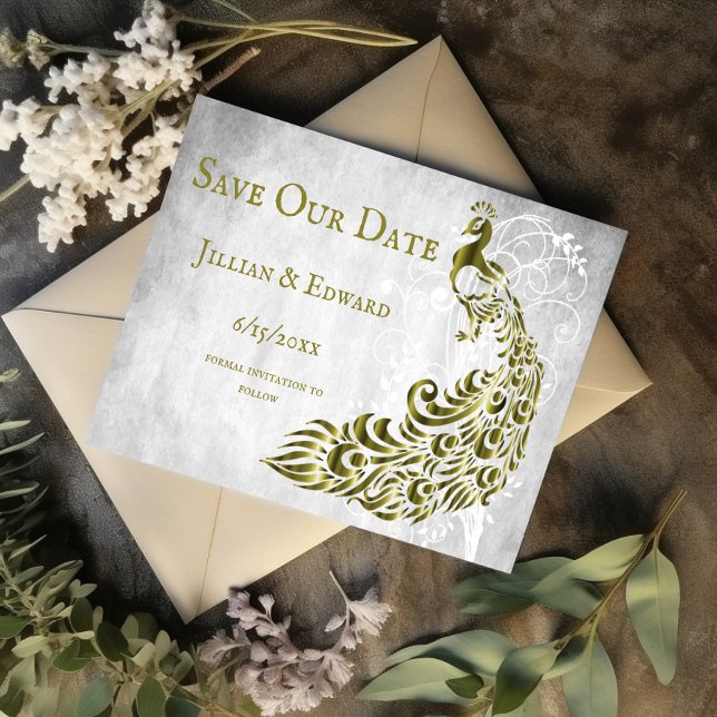 Guld Peacock Löv Vine Spara datum meddelande (Gold Peacock Leaf Vine Save the Date)
