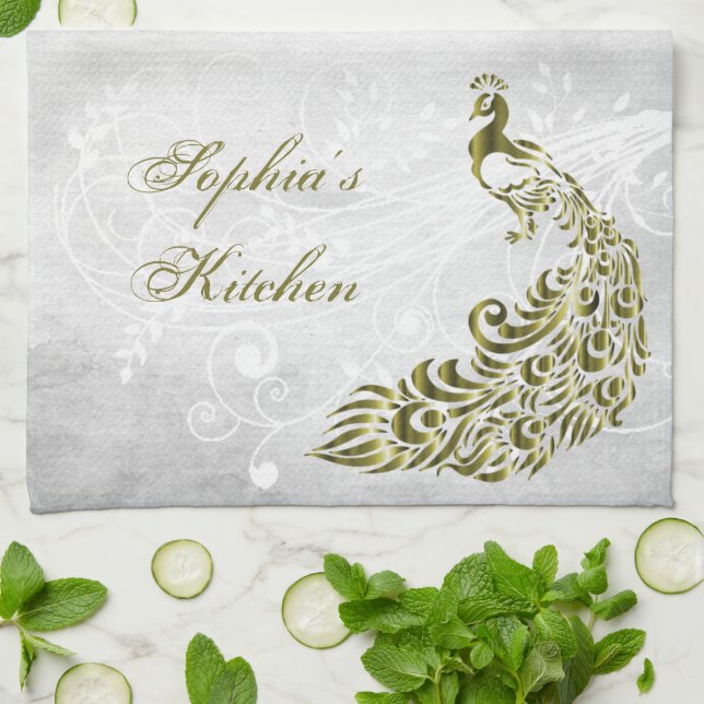 Guld Peacock Personlig Kitchen Towel Kökshandduk (Vikta)