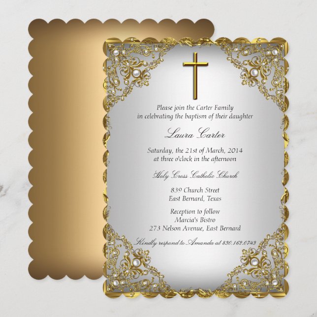 Guld Pearl Damask & Kor Baptism/Christening Inbjudningar (Fram/baksida)