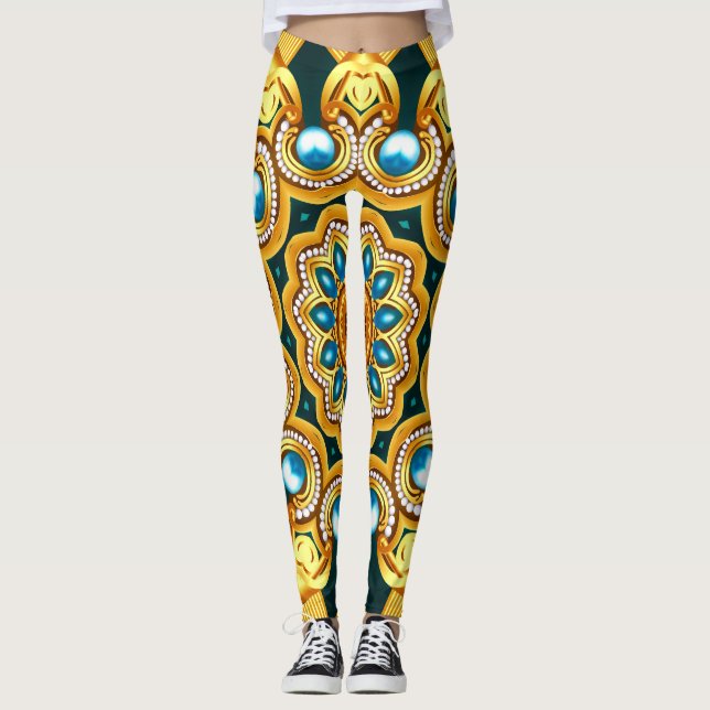 Guld Pearl Decorative Ram Illustration Leggings (Framsida)
