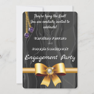 Guld Pearl Ribbon, Hearts Gems Chain on Black Silk Inbjudningar