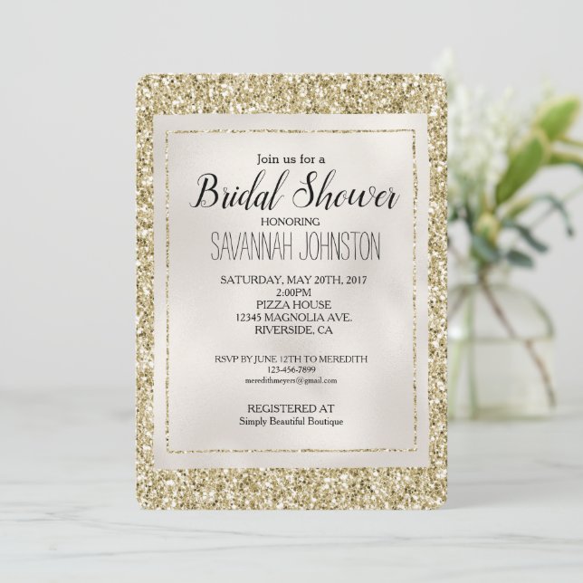Guld Pearl White Glitzy Glitter Inbjudningar (Stående Fram)