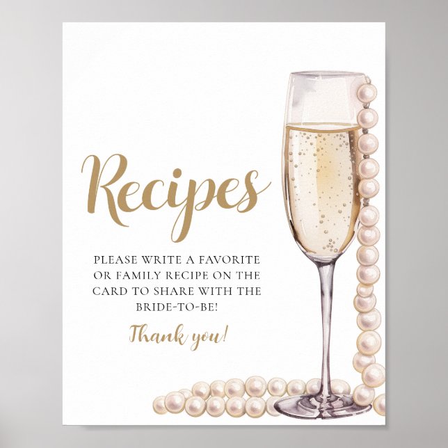 Guld Pearls and Prosecco Champagne Recipes Sign Poster (Framsidan)
