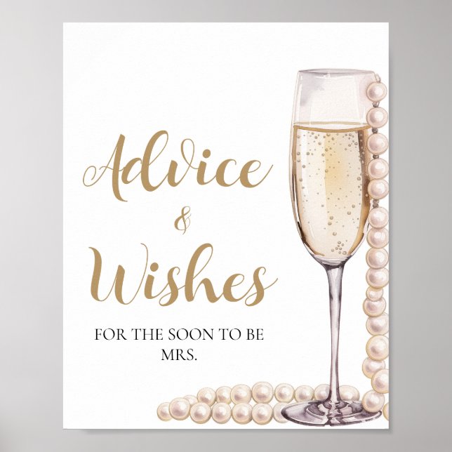 Guld Pearls och Prosecco Advice och Önskemål Sign Poster (Framsidan)