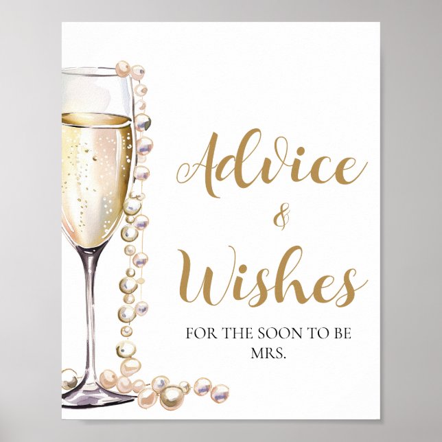 Guld Pearls och Prosecco Advice och Önskemål Sign Poster (Framsidan)