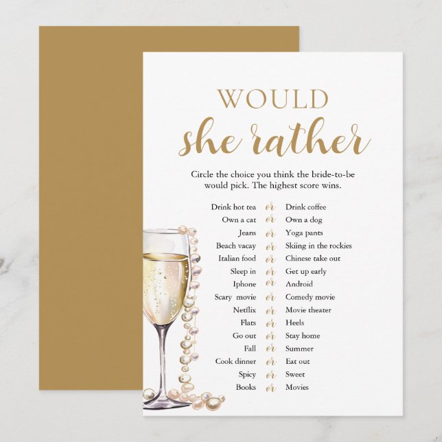 Guld Pearls och Prosecco, skulle hon hellre leka? Inbjudningar (Fram/baksida)