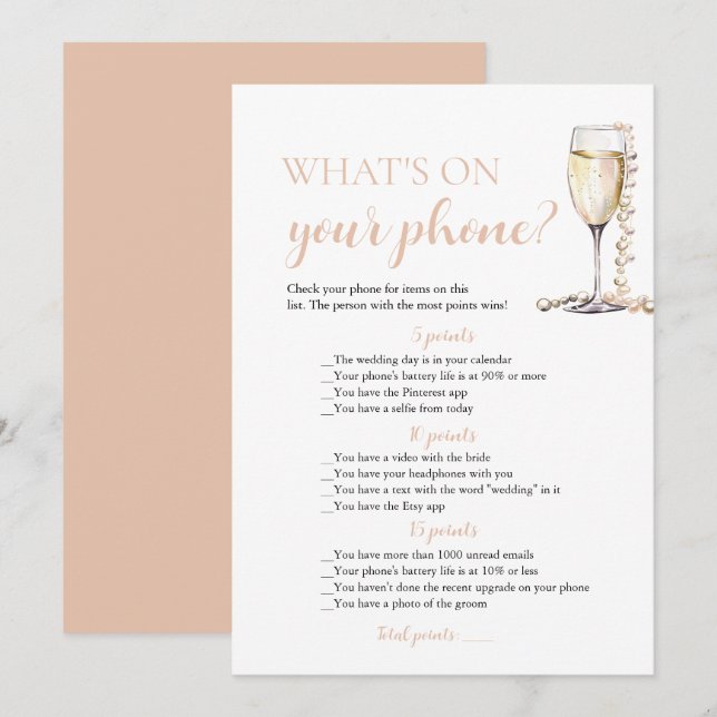 Guld Pearls och Prosecco What's on your Mobil Game Inbjudningar (Fram/baksida)
