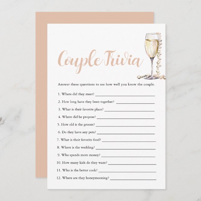 Guld Pearls & Prosecco para Trivia Möhippa Game Inbjudningar (Fram/baksida)