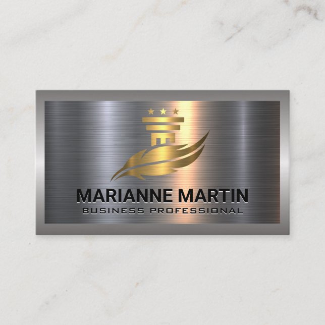 Guld Pelare och Fjäder Logotyp | Metall Aluminium Visitkort (Framsida)