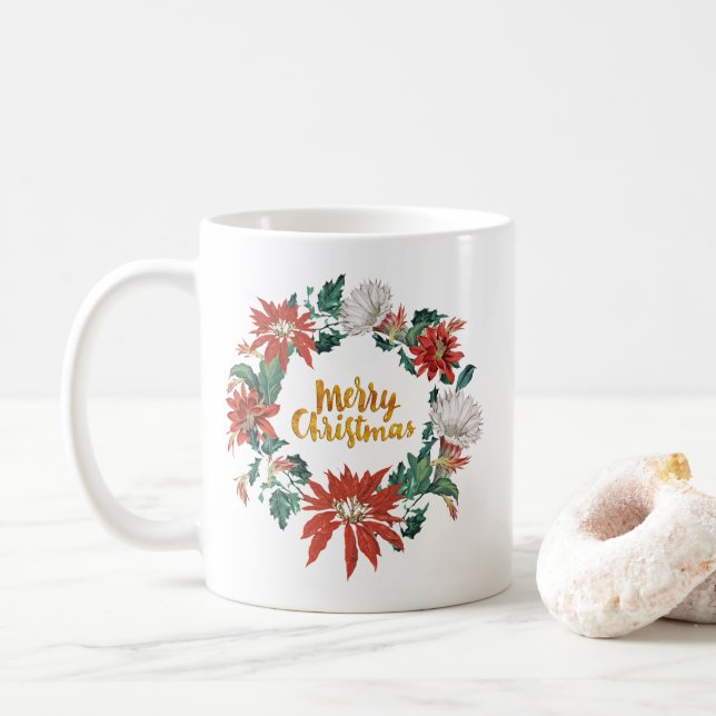 Guld penselskrift julblomma krans kaffemugg (Med munk)
