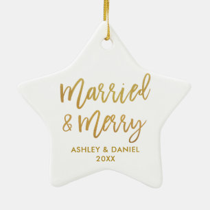 Guld-penselskript, gift och Merry Bröllop Star Julgransprydnad Keramik