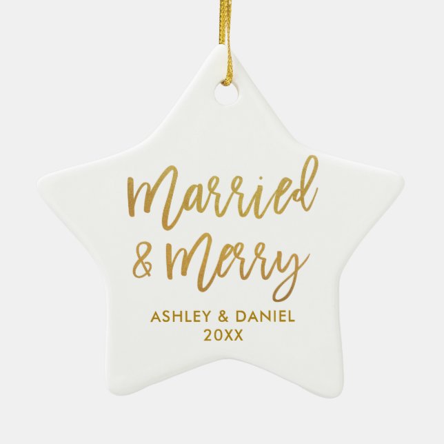 Guld-penselskript, gift och Merry Bröllop Star Julgransprydnad Keramik (Baksidan)