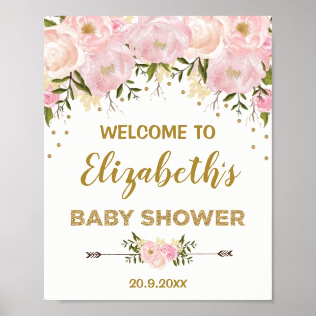  Guld Peonies Chic Baby Shower Välkommen Poster (Framsidan)