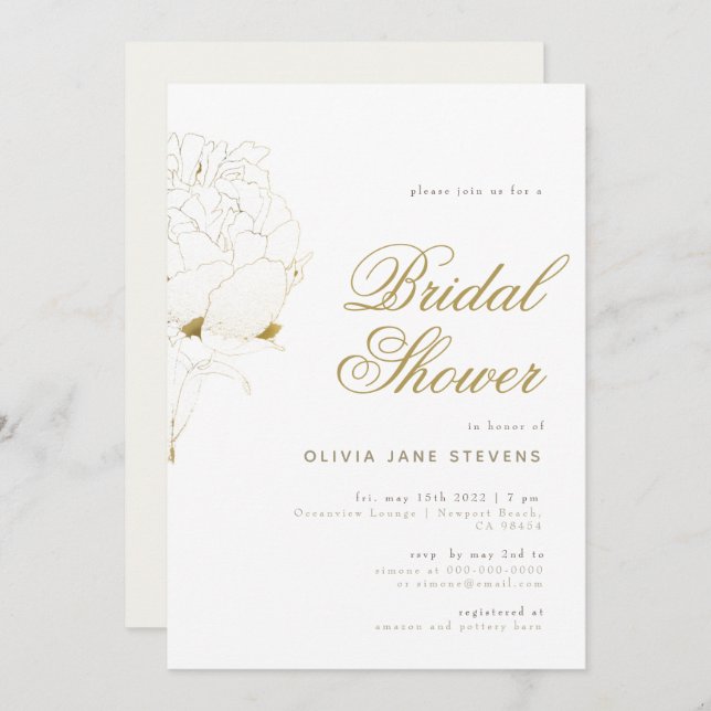 Guld Peony Elegant  Script Blommigt BW Möhippa Inbjudningar (Fram/baksida)